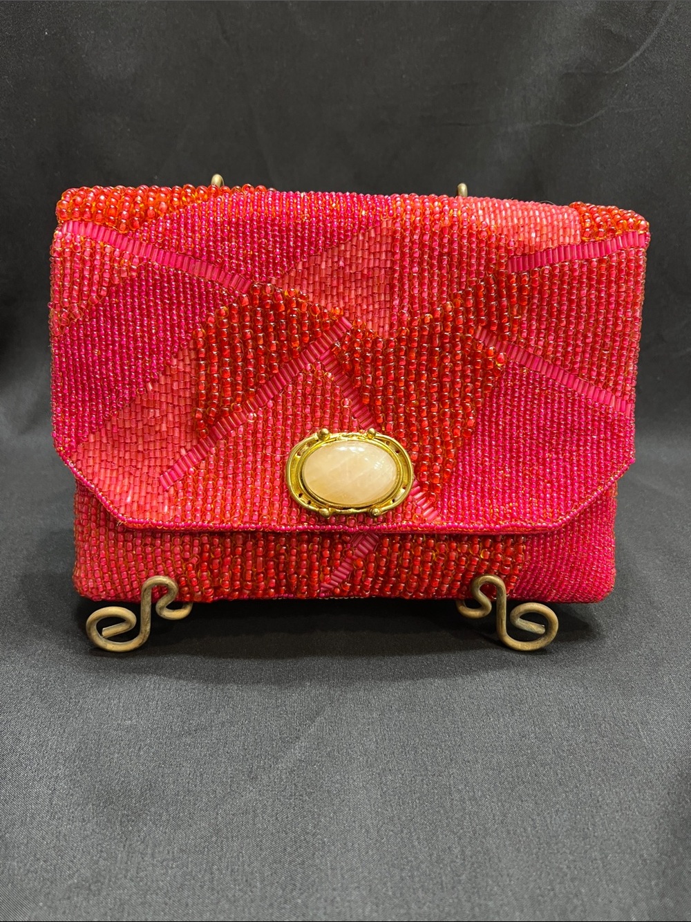 Mary Frances Red and Pink Beaded Envelope Clutch with Gold Oval Detail